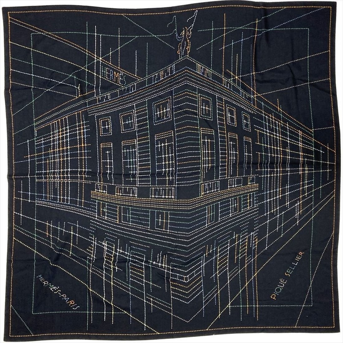 Hermes Carre Geant 140 Pique Sellier Shawl, Cashmere, Silk, Black, Multicolor: --- Catalog ---Category: SizeSize (LxW): 1.37m x 1.4m / 53.93'' x 55.11''Category: DesignType: ShawlColor: BlackGender: WomenMaterial: Cashmere , Silk Category: GeneralBrand: HermesCountry of Origin: