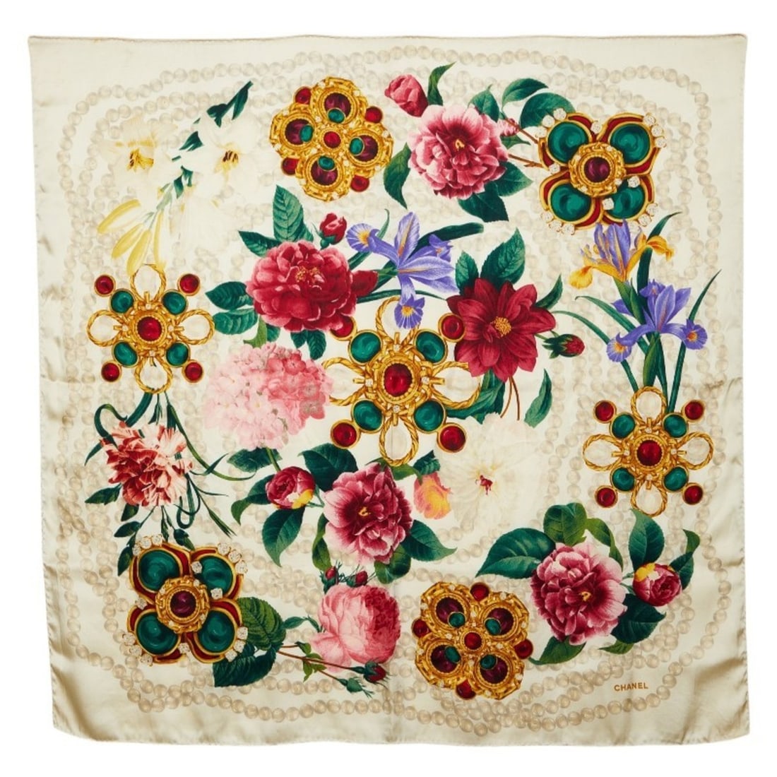 Chanel Camellia Gripoix Scarf Muffler Ivory Multicolor Silk Women's CHANEL: --- Catalog ---Category: SizeSize (LxW): 84cm x 86cm / 33.07'' x 33.85''Category: DesignType: ScarfColor: Ivory, Multi-colorGender: WomenMaterial: Silk Category: GeneralBrand: Chanel--- Item List ---S