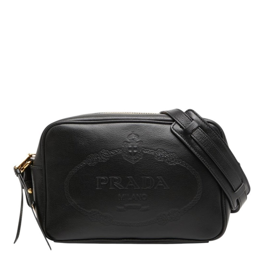 Prada Triangle Logo Plate Shoulder Bag, Black Leather, Women's PRADA: --- Catalog ---Category: SizeStrap Drop: 58cm / 22.83''Size (HxWxD): 15cm x 23cm x 7cm / 5.9'' x 9.05'' x 2.75''Category: DesignType: Shoulder bagColor: BlackGender: WomenClosure: ZipperMaterial: Leat