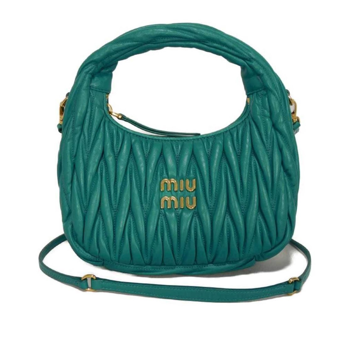 Miu Miu Miu Wonder Matelasse Hobo Bag with Gathered RFID and IC Cards, Green, 2-Way, Logo, Laguna: --- Catalog ---Category: SizeSize (HxWxD): 13cm x 21cm x 6cm / 5.11'' x 8.26'' x 2.36''Category: DesignType: HandbagColor: GreenGender: WomenMaterial: Leather Category: GeneralMPN: 5BC125 N88 F0K41Bra