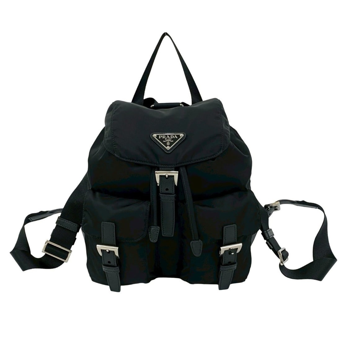 PRADA Prada Triangle Logo Tessuto Nylon Saffiano Leather Backpack, Black 05157: --- Catalog ---Category: SizeSize (HxWxD): 24cm x 23.5cm x 12cm / 9.44'' x 9.25'' x 4.72''Category: DesignType: BackpackColor: BlackGender: WomenMaterial: Nylon , Leather Category: GeneralBrand: Prada