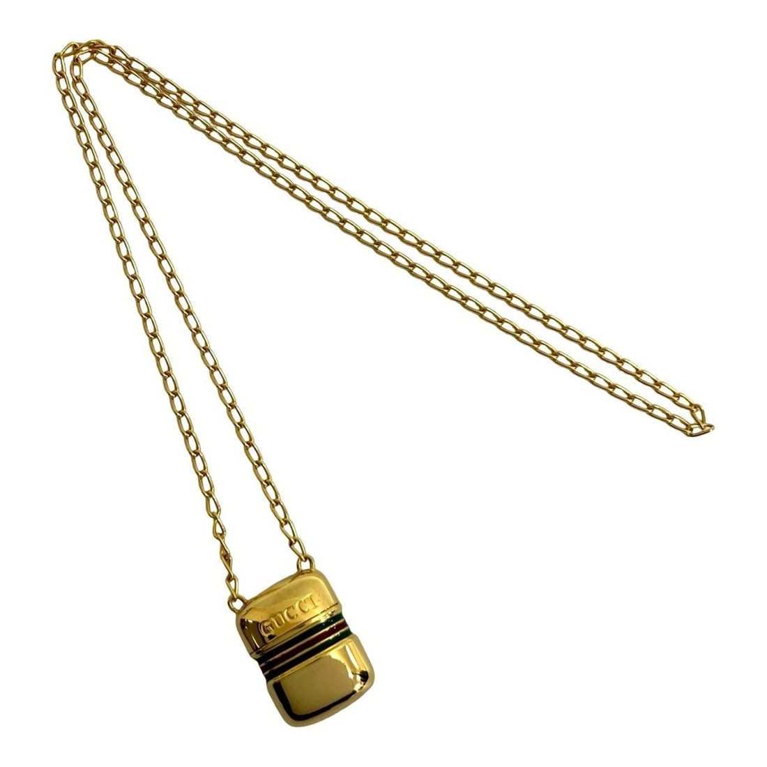 GUCCI Sherry Line Engraved GP Perfume Bottle Long Necklace Pendant Gold Green Red i50-2: --- Catalog ---Category: SizePendant Size: 3.3mm x 2.5mm / 0.12'' x 0.09''Neck Circumference: 78 cm / 30.7''Category: DesignColor: Gold, Green, Red colorGender: WomenMaterial: Gold platingPendant Type