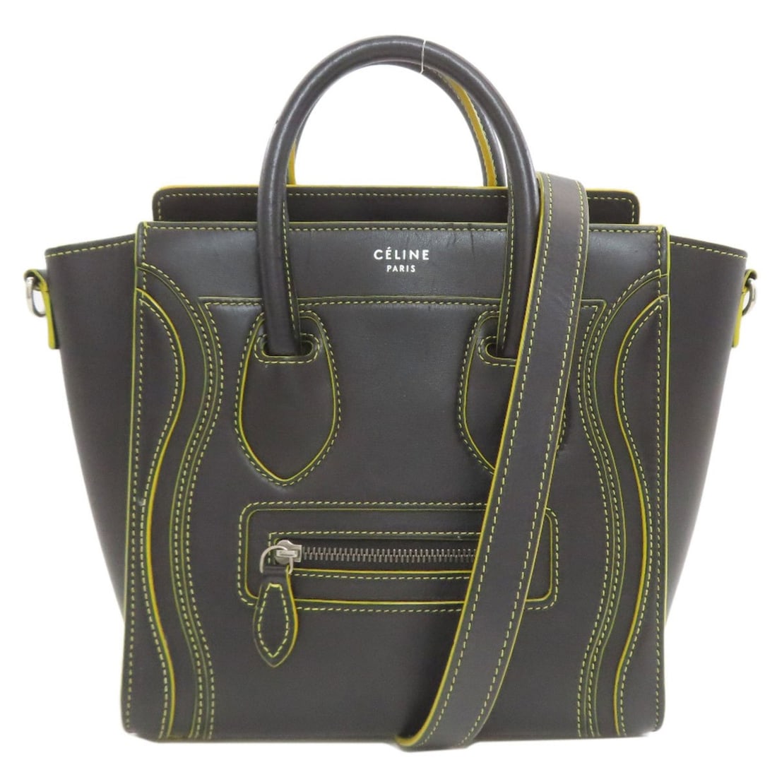 Celine Luggage Nano 2-Way Handbag, Calfskin, Women's CELINE: --- Catalog ---Category: SizeSize (HxWxD): 21cm x 30cm x 10cm / 8.26'' x 11.81'' x 3.93''Category: DesignType: HandbagColor: Black, YellowGender: WomenMaterial: Leather Category: GeneralBrand: Celine-