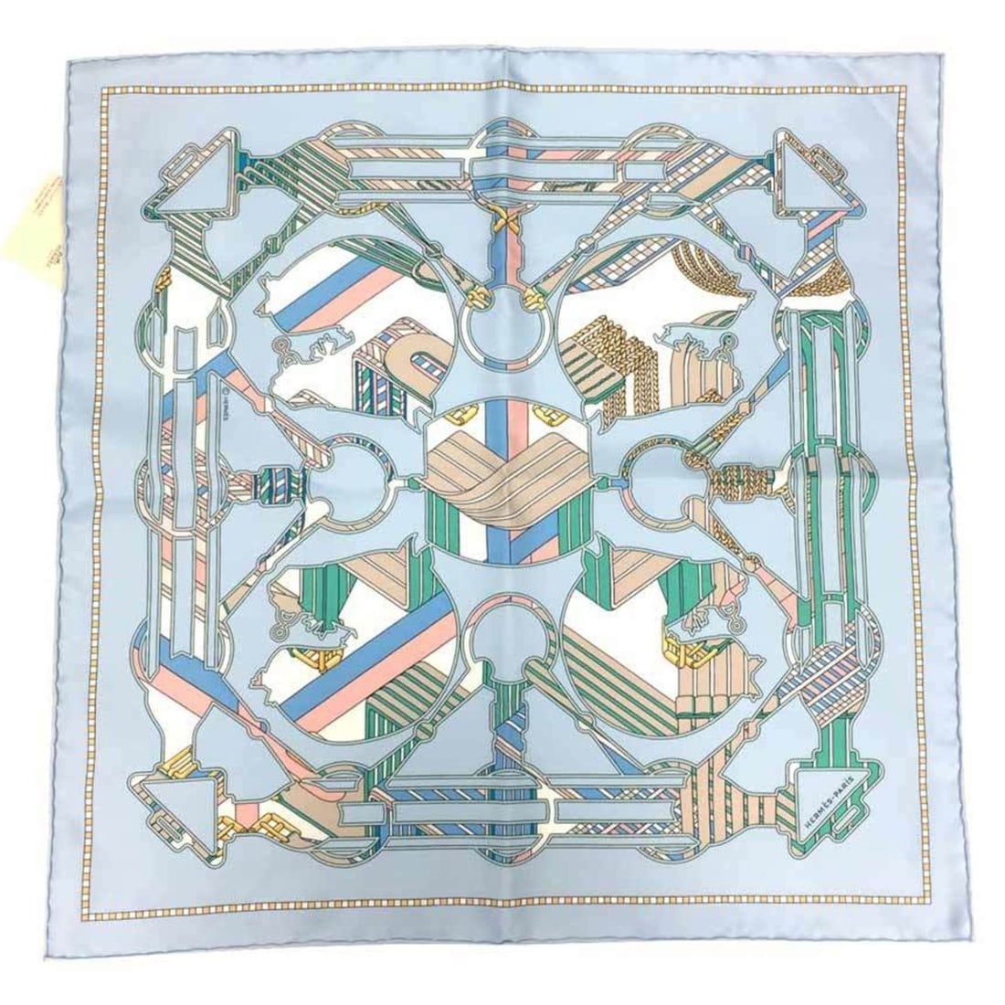 HERMES scarf/muffler, Carre 45 Gavroche, Tattersall Zigzag, Blue Ciel x Mensole, 100% silk, for men,: --- Catalog ---Category: SizeSize (LxW): 45cm x 45cm / 17.71'' x 17.71''Category: DesignType: ScarfColor: BlueGender: Men,WomenMaterial: Silk Category: GeneralBrand: HermesCountry of Origin: France---