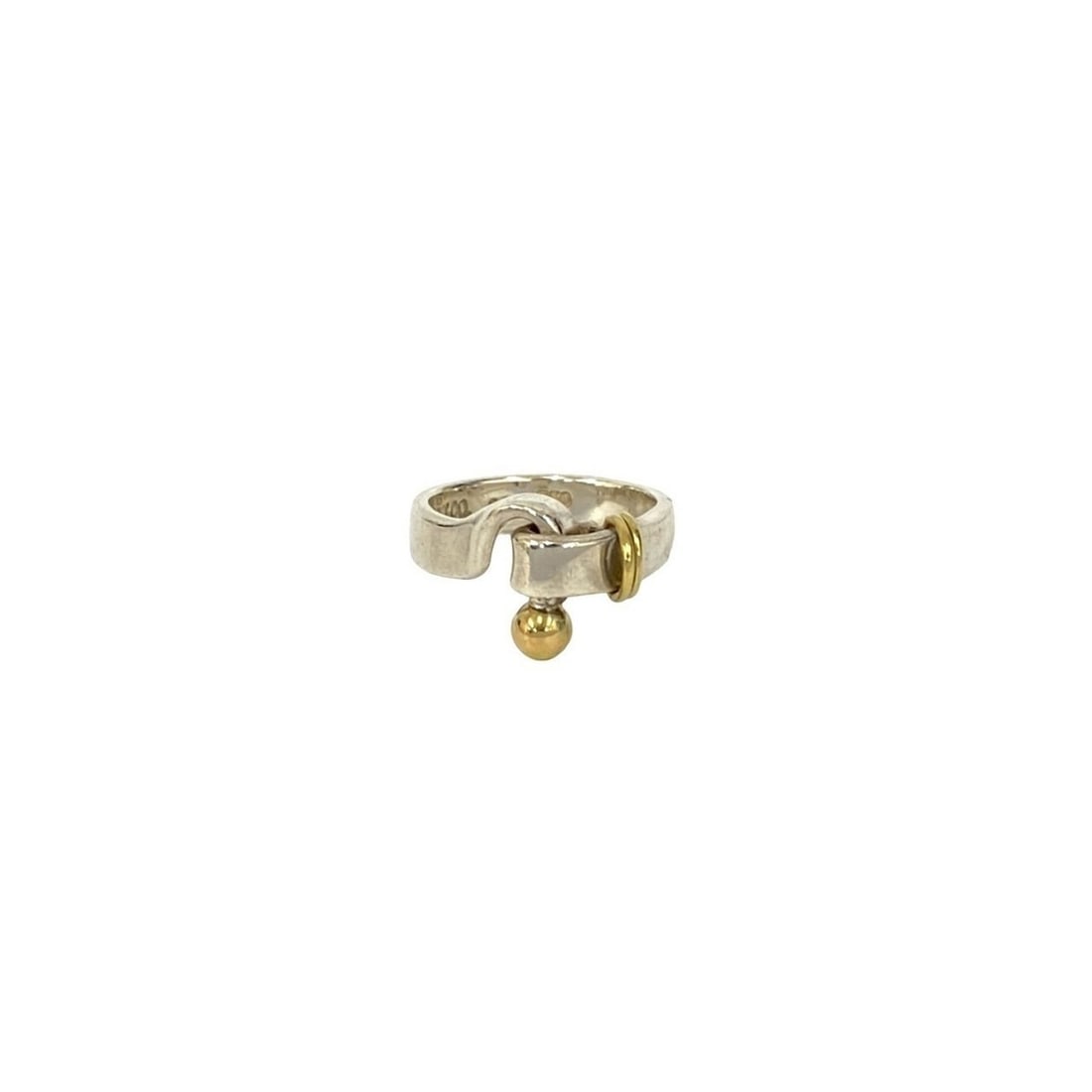 TIFFANY&Co. Tiffany Hook & Eye Ring, Sterling Silver 925 and 18K Gold, Size 8, 56421: --- Catalog ---Category: PackNumber in Pack: 1Category: SizeJP Size: 8US Size: 4.5Category: DesignType: Band ringColor: Gold, SilverGender: WomenMaterial: Gold (18K), Silver 925Category: GeneralBrand: