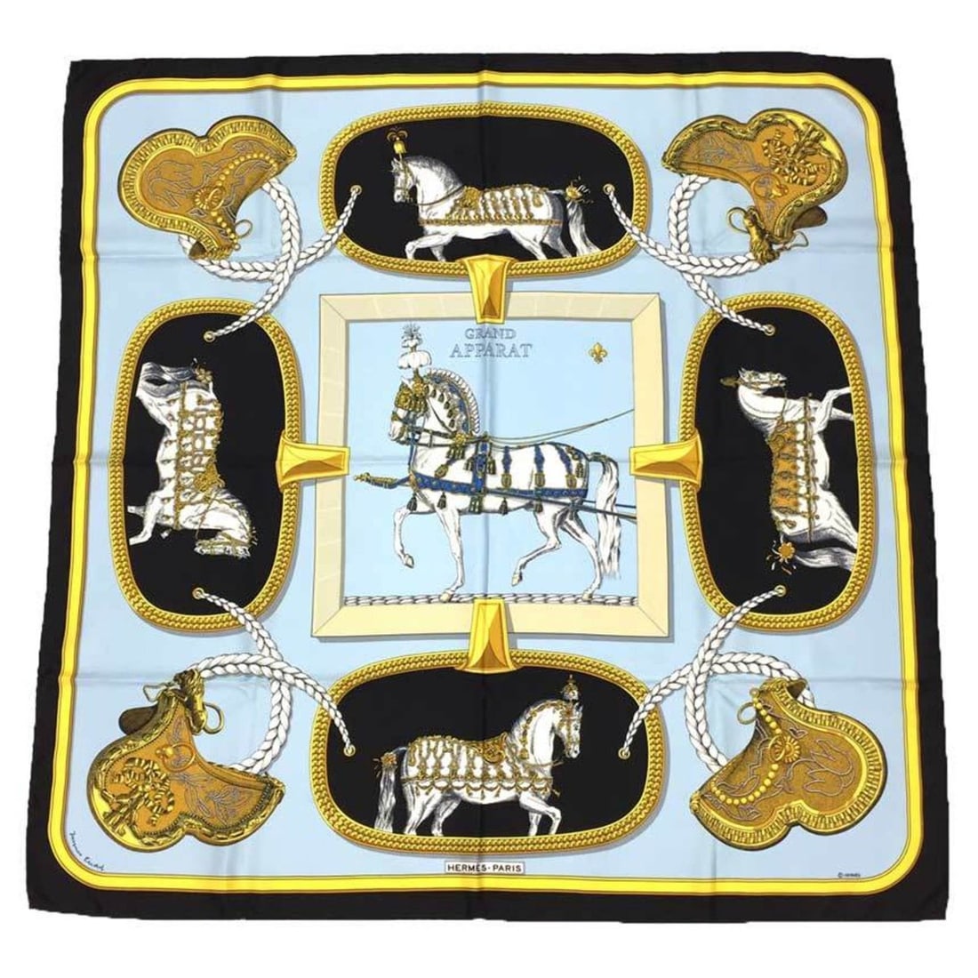 HERMES Carre 90 Scarf/Muffler, GRAND APPARAT (Grand Apparel), Light Blue/Black, 100% Silk: --- Catalog ---Category: SizeSize (LxW): 90cm / 35.43''Category: DesignType: ScarfColor: Black, Light blueGender: WomenMaterial: Silk Category: GeneralBrand: HermesCountry of Origin: France--- Item Li