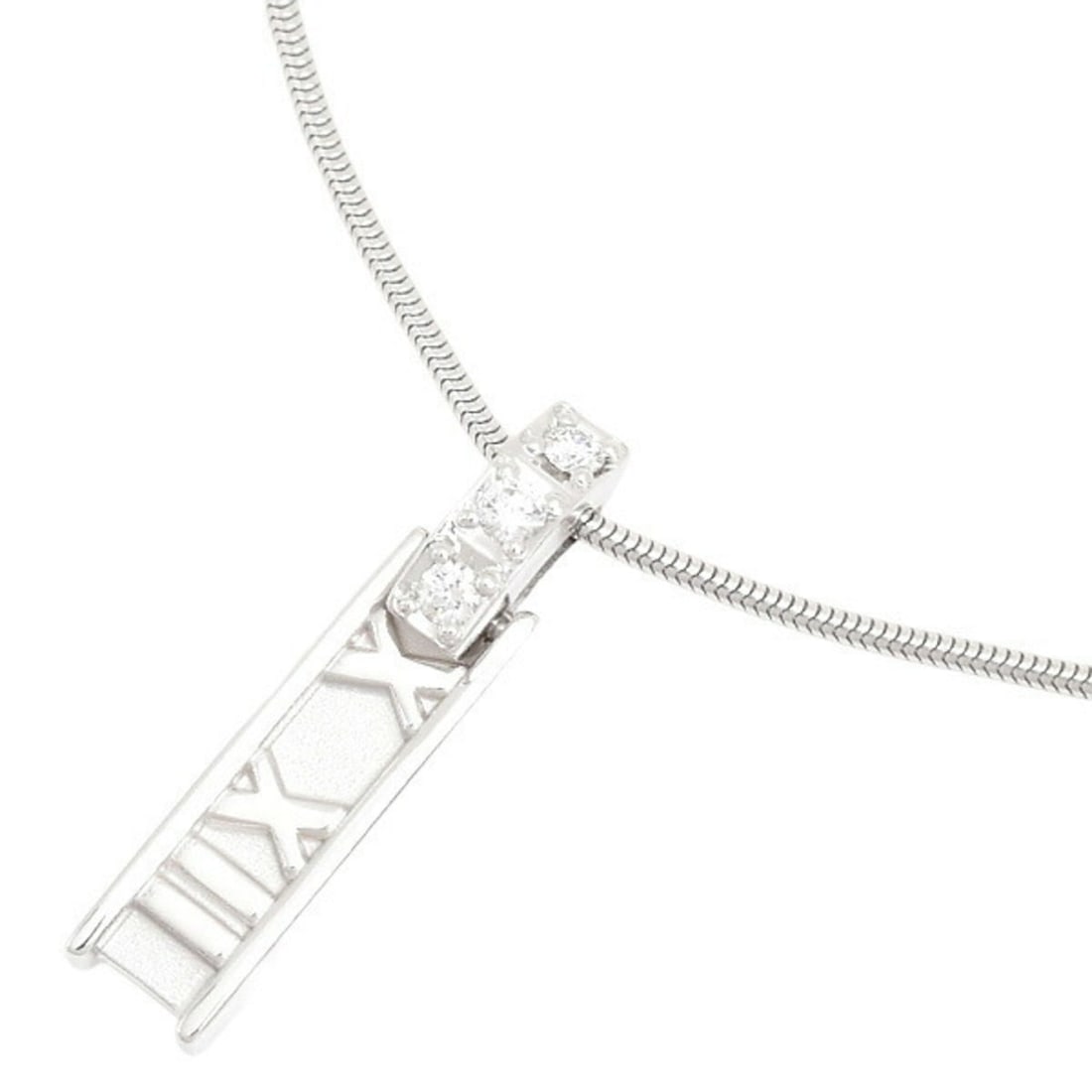 Tiffany & Co. Atlas Bar 3-Diamond Necklace for Women, White Gold (750WG): --- Catalog ---Category: SizePendant Size: 16.5mm x 5.4mm / 0.64'' x 0.21''Neck Circumference: 41.5 cm / 16.33''Category: DesignColor: SilverGender: WomenMaterial: White gold (18K)Pendant Type: Pendan