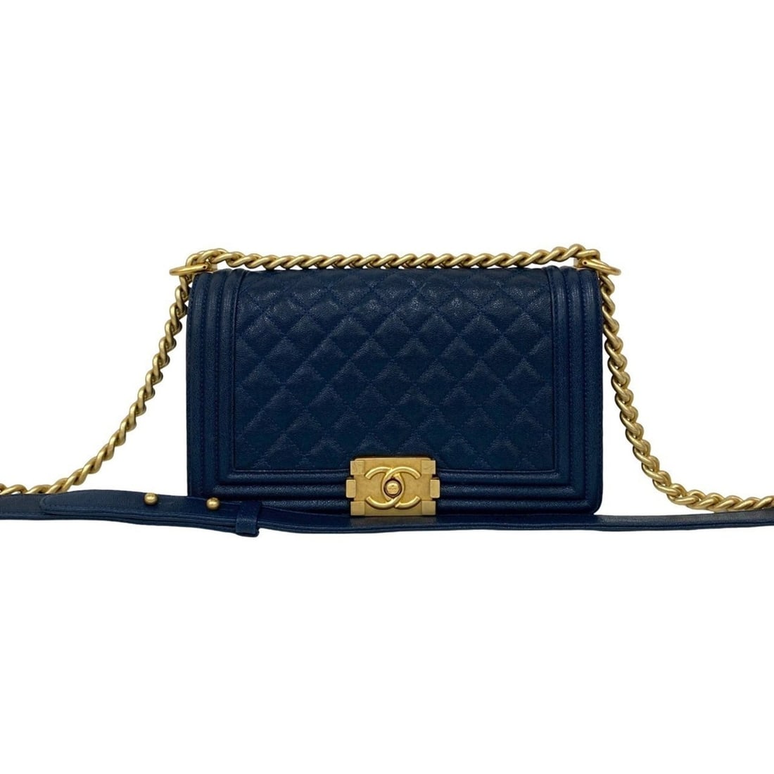 CHANEL Boy Chanel Coco Mark Leather Chain Shoulder Bag, Navy, 57587: --- Catalog ---Category: SizeSize (HxWxD): 15cm x 25cm x 8cm / 5.9'' x 9.84'' x 3.14''Category: DesignType: Shoulder bagColor: NavyGender: WomenMaterial: Leather Category: GeneralBrand: Chanel--- Item
