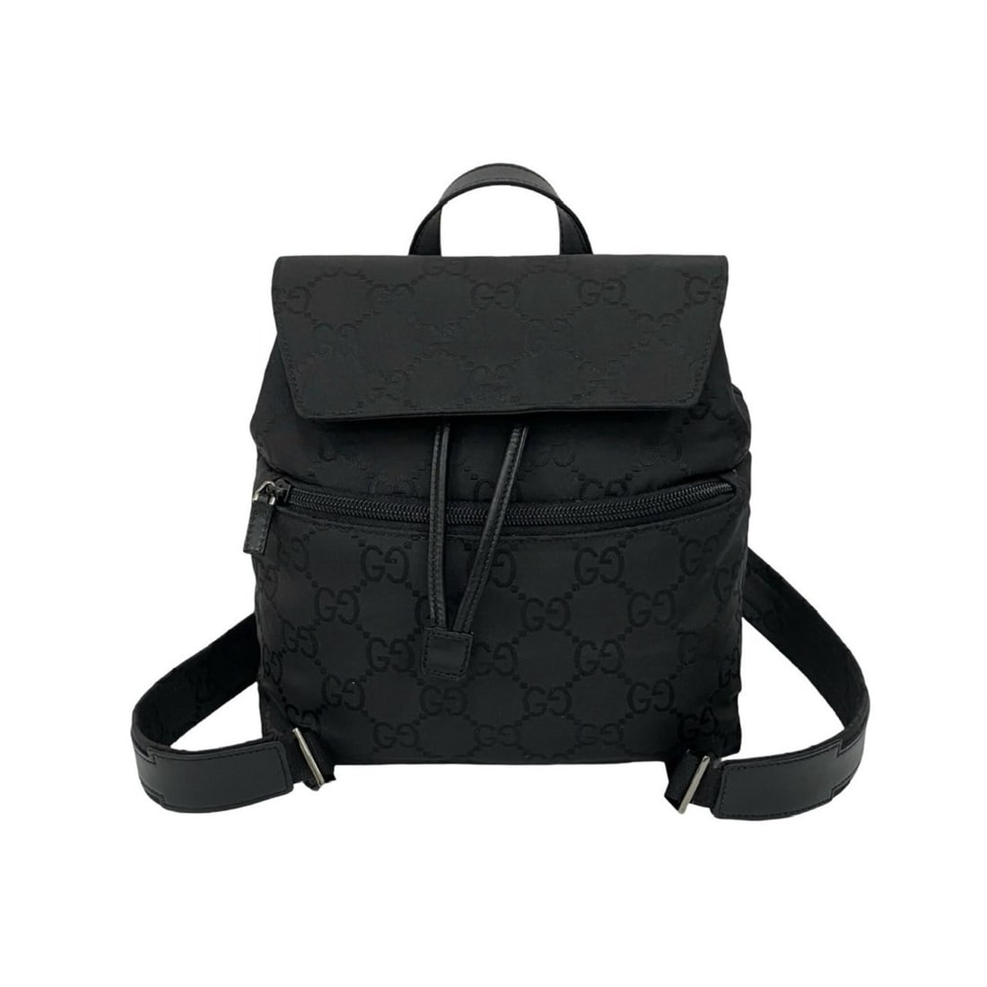 GUCCI GG pattern nylon and leather drawstring mini backpack/daypack, black, item number 10596.: --- Catalog ---Category: SizeSize (HxWxD): 22.5cm x 21cm x 7cm / 8.85'' x 8.26'' x 2.75''Category: DesignType: BackpackColor: BlackGender: WomenMaterial: Nylon , Leather Category: GeneralBrand: Gucci-