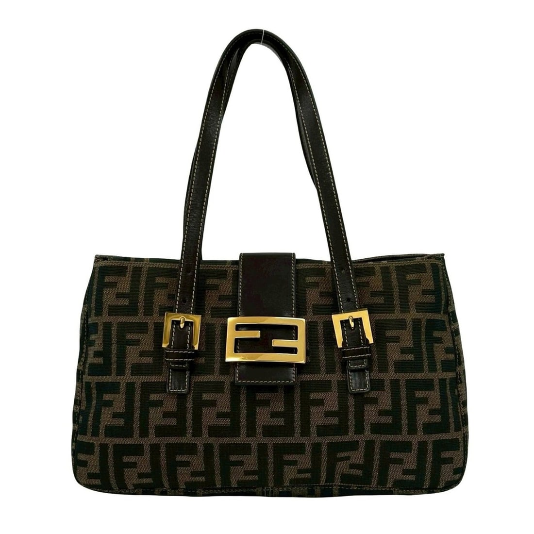 FENDI FF Leather Canvas Handbag Mini Tote Bag Brown Black Khaki 59229 (1 of 20)