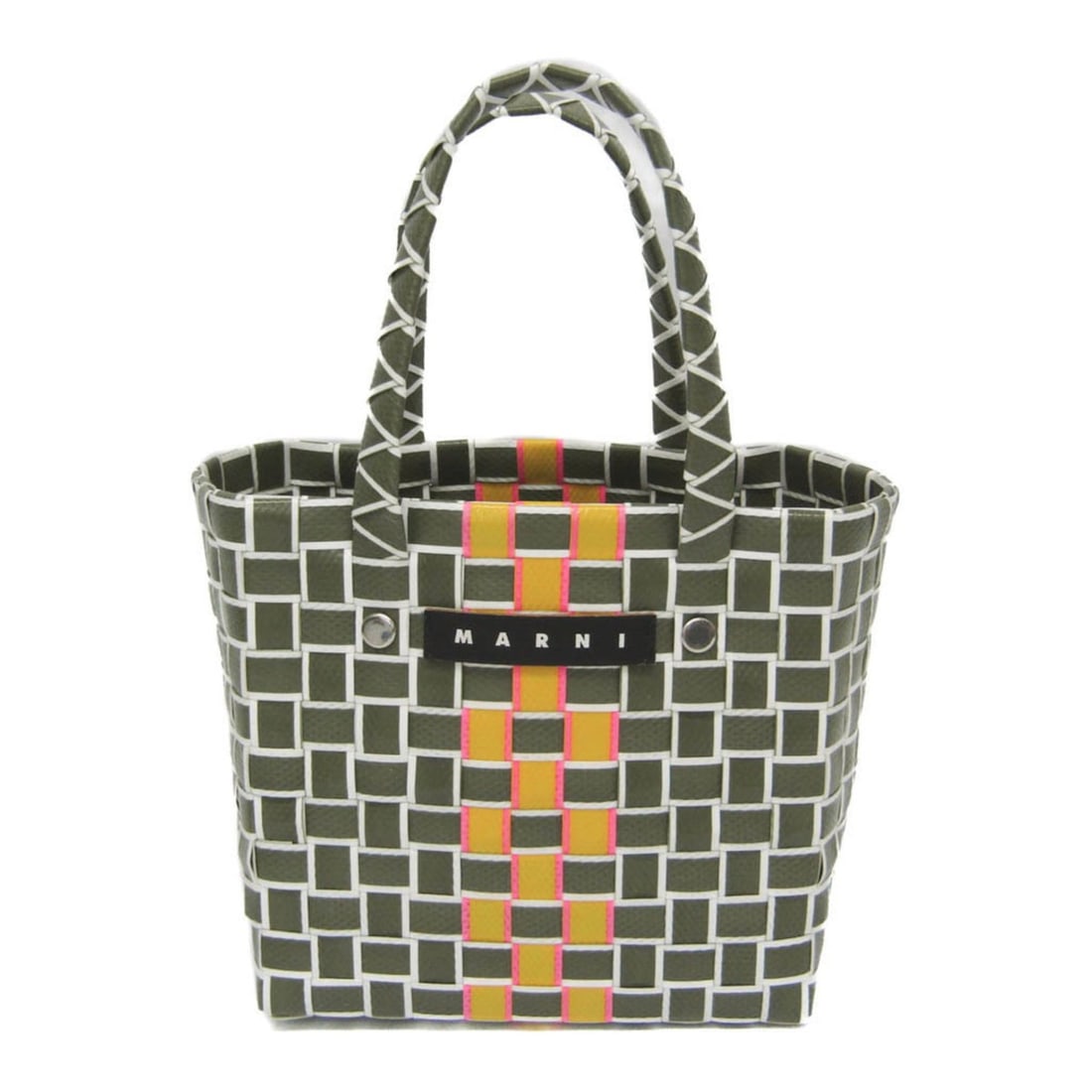 Marni Micro Basket Bag MW55F Women's Polypropylene,Leather Handbag Khaki,Yellow: --- Catalog ---Category: SizeHandle Drop: 10.00cm / 3.94''Size (HxWxD): 14cm x 14.5cm x 9cm / 5.51'' x 5.7'' x 3.54''Handle Length: 27cm / 10.62''Category: DesignType: HandbagColor: Khaki, YellowGende