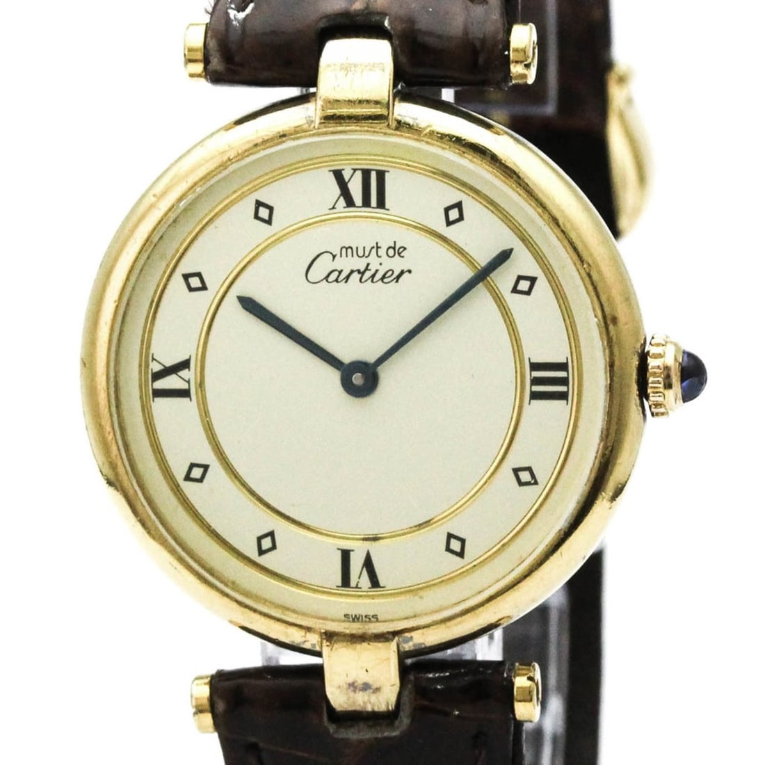 CARTIER Must Gold Plated Leather Quartz Ladies Watch W1001953: --- Catalog ---Category: SizeCase Diameter: 30mm / 1.18''Category: DesignType: WristwatchStyle: Dress/FormalGender: WomenColor (Dial): WhiteMaterial (Band): LeatherMaterial (Case): Gold platedCategory