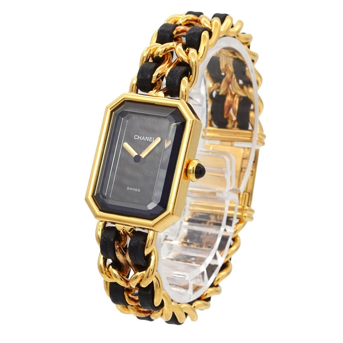 Chanel Premiere H0001 Women's Watch, Size M, Black & Gold, Quartz Movement.: --- Catalog ---Category: SizeWrist Size: 15cm / 5.9''Case Diameter: 20mm / 0.79''Category: DesignType: WristwatchGender: WomenColor (Dial): BlackMaterial (Band): Gold plated, Leather, Stainless steelM