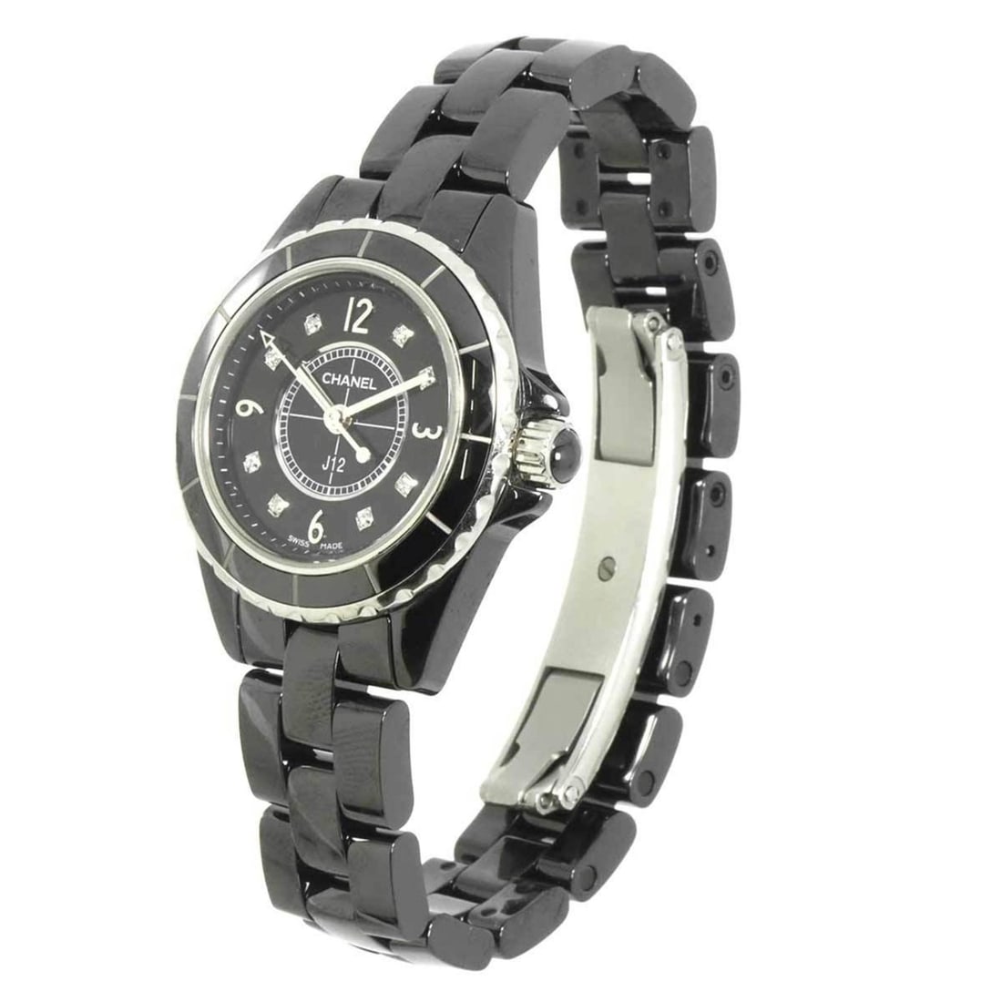 Chanel J12 29mm H2569 Women's Watch, 8 Diamonds, Black Ceramic Quartz Watch: --- Catalog ---Category: SizeWrist Size: 14.5cm / 5.7''Case Diameter: 29mm / 1.14''Category: DesignType: WristwatchGender: WomenColor (Dial): BlackMaterial (Band): Ceramic, Stainless steelMaterial (Ca