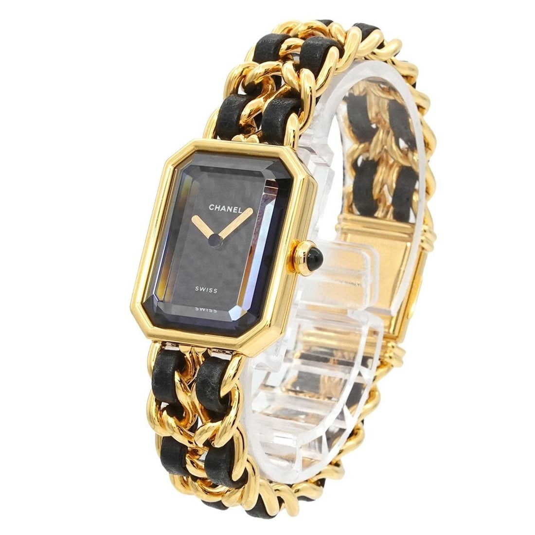 Chanel Premiere H0001 Women's Watch, Size M, Black & Gold, Quartz Movement.: --- Catalog ---Category: SizeWrist Size: 15cm / 5.9''Case Diameter: 20mm / 0.79''Category: DesignType: WristwatchGender: WomenColor (Dial): BlackMaterial (Band): Gold plated, Leather, Stainless steelM