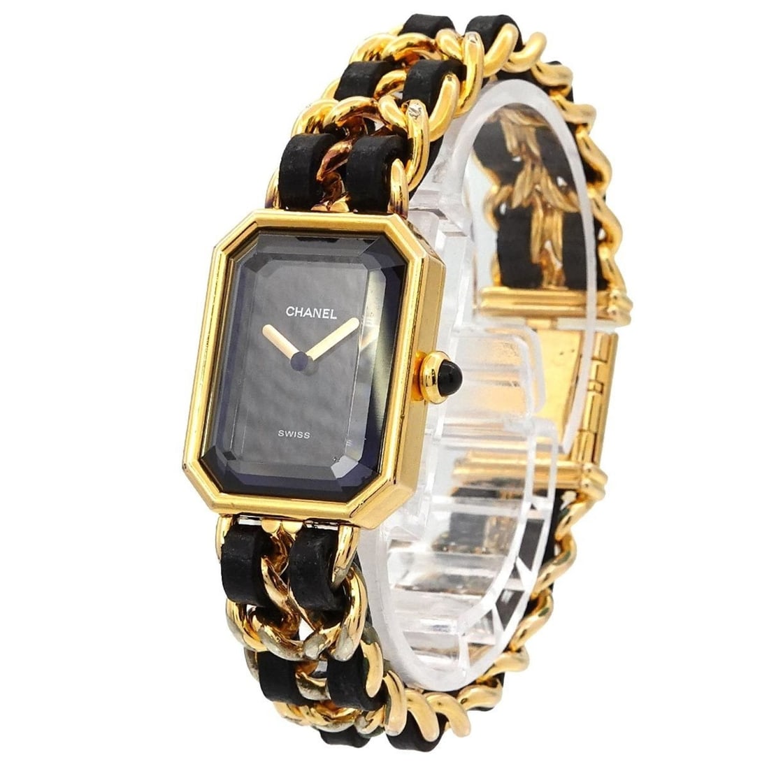 Chanel Premiere H0001 Women's Watch, Size M, Black & Gold, Quartz Movement: --- Catalog ---Category: SizeWrist Size: 15cm / 5.9''Case Diameter: 20mm / 0.79''Category: DesignType: WristwatchGender: WomenColor (Dial): BlackMaterial (Band): Gold plated, Leather, Stainless steelM
