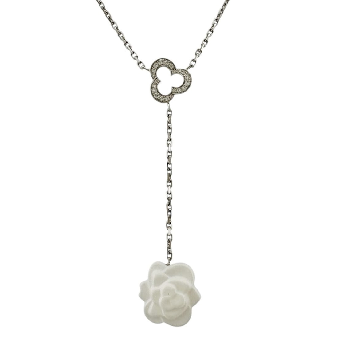 Chanel Camellia Necklace, 18K Gold, White Chalcedony, Women's, CHANEL, Pre-owned: --- Catalog ---Category: SizePendant Size: 37.5mm x 13mm / 1.47'' x 0.51''Neck Circumference: 42 cm / 16.53''Category: DesignColor: White goldGender: WomenMaterial: White gold (18K)Necklace Type: Neck