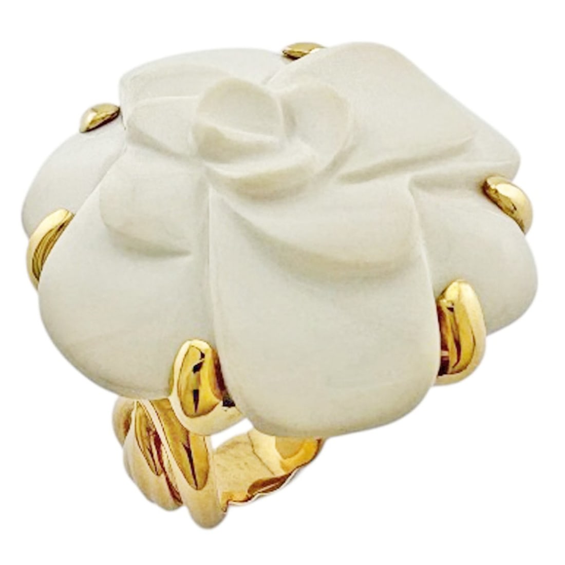 Chanel Camellia Ring, 18k Gold, White Chalcedony, Women's, Pre-owned.: --- Catalog ---Category: PackNumber in Pack: 1Category: SizeJP Size: 8US Size: 4.5Category: DesignType: Band ringColor: Yellow goldStone: ChalcedonyGender: WomenMaterial: Yellow gold (18K)Stone Color: