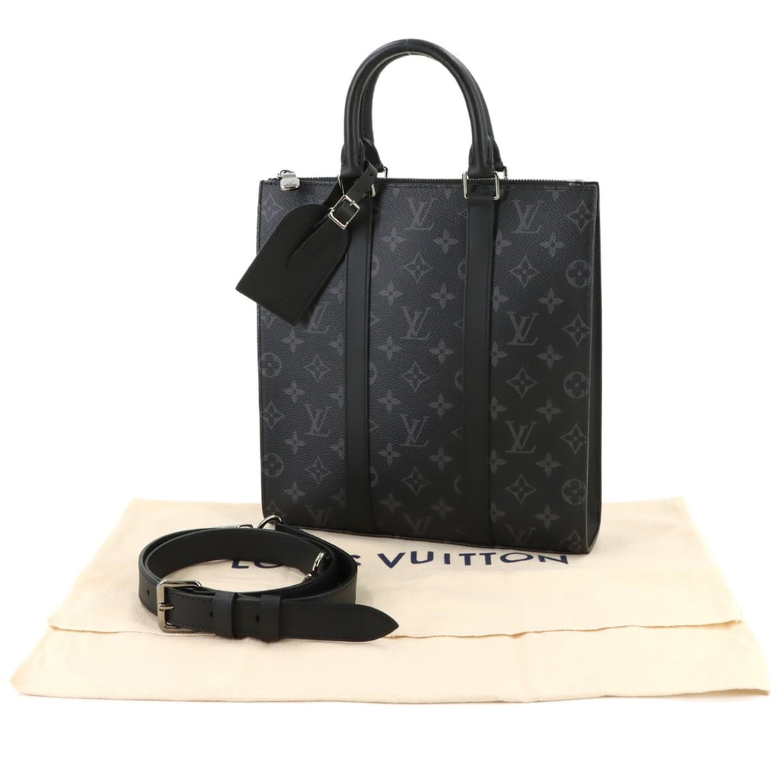 Louis Vuitton LOUIS VUITTON Monogram Eclipse Sac Plat Cross 2-way Tote Shoulder Handbag Black M46098 (1 of 18)