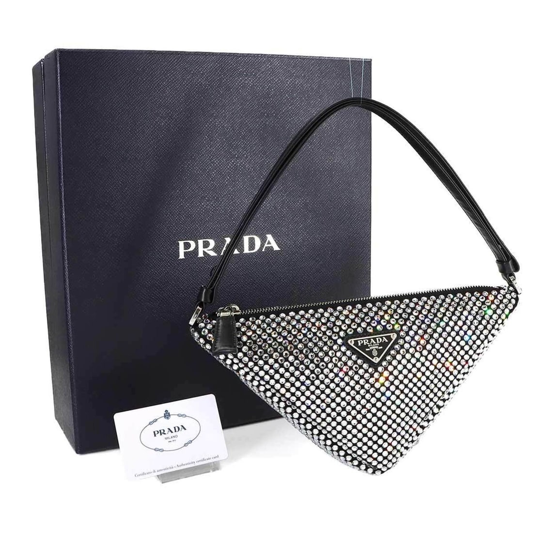 Prada Triangle Handbag Pouch Shoulder Satin Crystal Leather Black 1NQ044 Silver Hardware Bag: --- Catalog ---Category: SizeSize (HxWxD): 15cm x 27cm x 6cm / 5.9'' x 10.62'' x 2.36''Category: DesignType: Handbag, Pouch, Shoulder bagColor: BlackGender: WomenMaterial: Satin , Leather Category: Ge