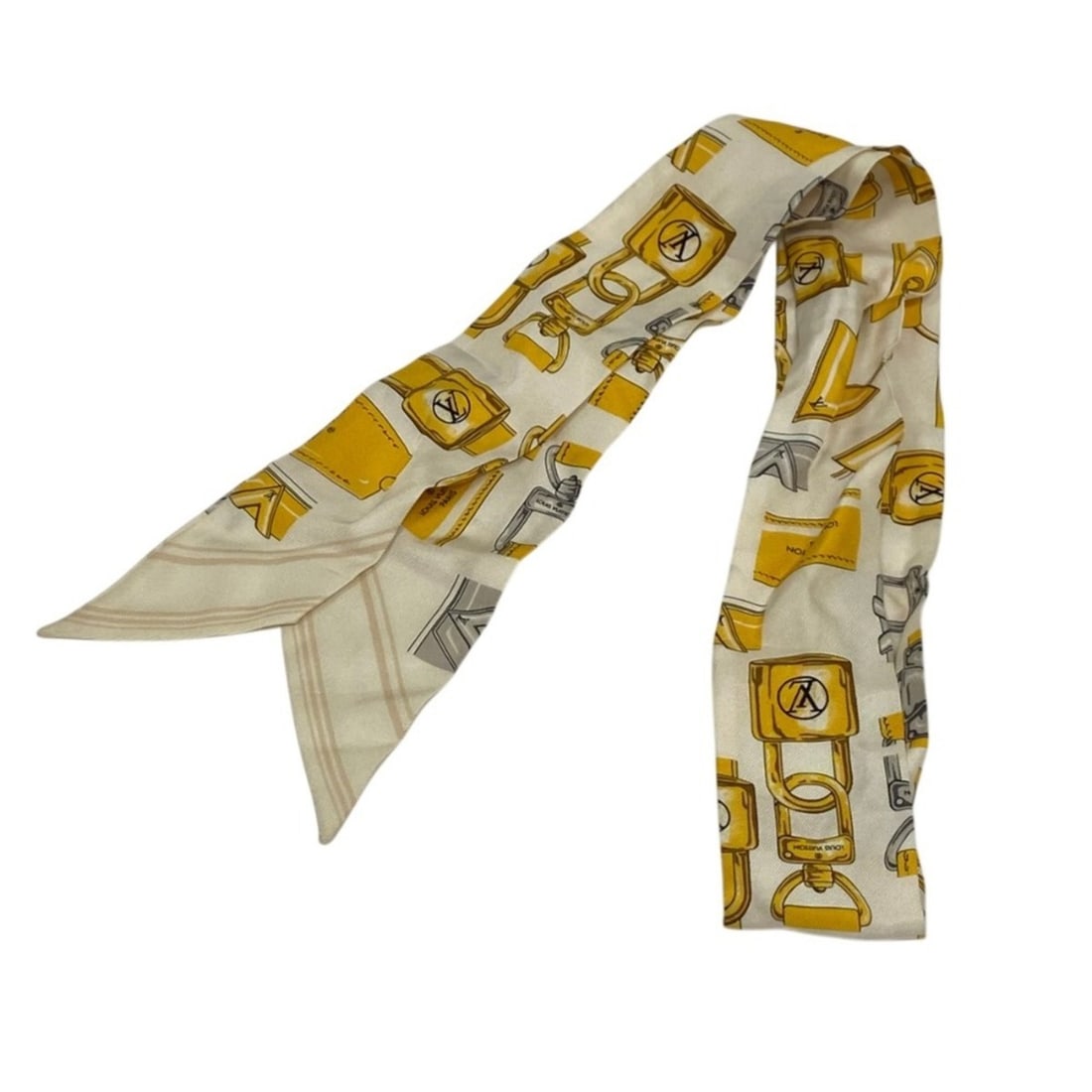 LOUIS VUITTON Louis Vuitton Bandeau BB Full of Rocks Bow Tie Scarf M77636 Ivory x Yellow Women's: --- Catalog ---Category: SizeSize (LxW): 1.15m x 5cm / 45.66'' x 1.96''Category: DesignType: ScarfColor: Ivory, YellowGender: WomenMaterial: Silk Category: GeneralMPN: M77636Brand: Louis Vuitton--- It