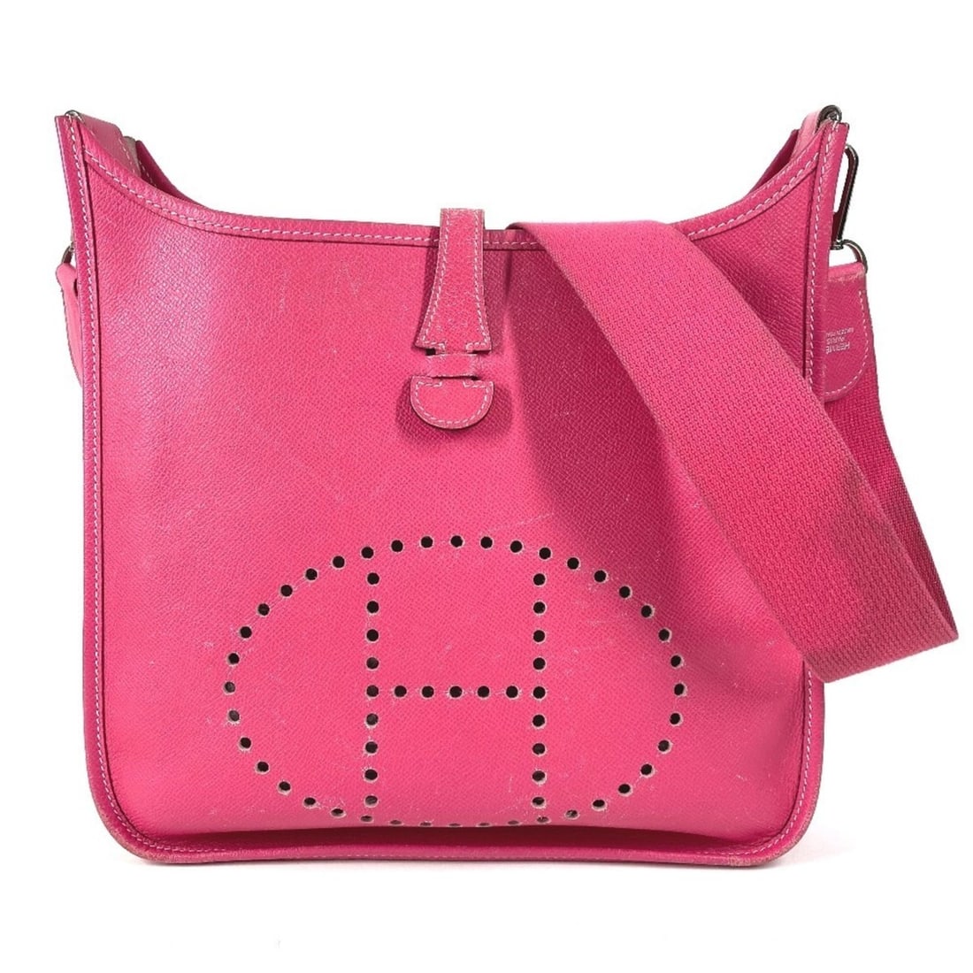 HERMES Evelyne 1 PM Bag with H-shaped perforated logo, crossbody shoulder bag, Epsom leather, men's: --- Catalog ---Category: SizeSize (HxWxD): 28cm x 29cm x 7cm / 11.02'' x 11.41'' x 2.75''Category: DesignType: Shoulder bagColor: Pink, Rose tyrienGender: Men,WomenMaterial: Epsom leather Category: Ge
