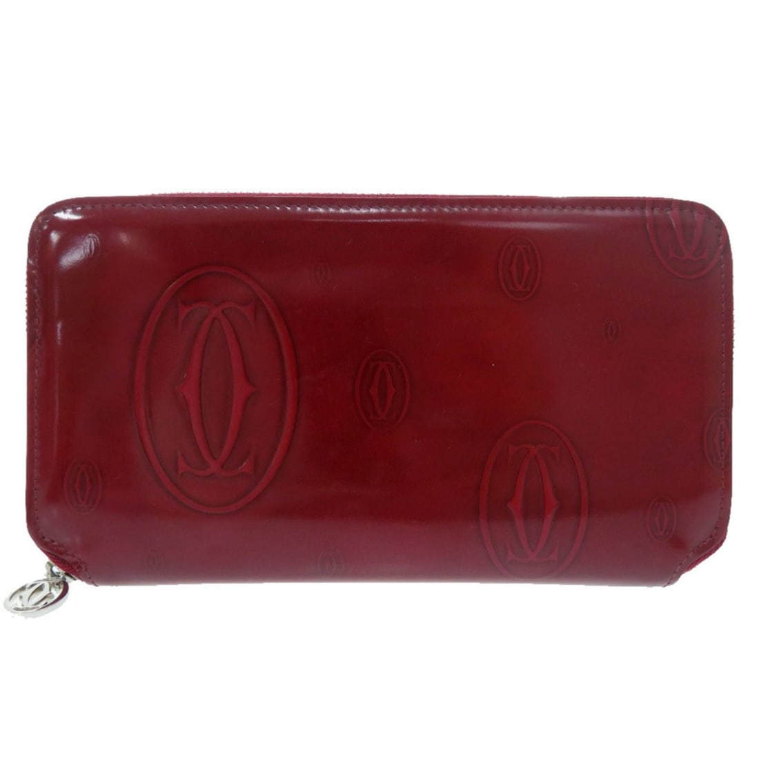 Excellent condition Cartier Happy Birthday round zipper wallet L3000721, silver hardware, enamel: --- Catalog ---Category: SizeSize (HxWxD): 10.5cm x 19.5cm x 2cm / 4.13'' x 7.67'' x 0.78''Category: DesignType: Long wallet (bi-fold)Color: Bordeaux, Red colorGender: WomenMaterial: Leather Category:
