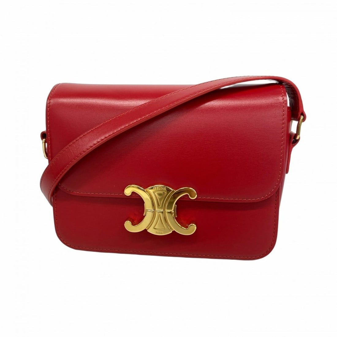 Celine Triomphe Leather Shoulder Bag, Red, Women's: --- Catalog ---Category: SizeSize (HxWxD): 14.5cm x 18.5cm x 5.5cm / 5.7'' x 7.28'' x 2.16''Category: DesignType: Shoulder bagColor: Red colorGender: WomenMaterial: Leather Hardware Color: GoldCategor