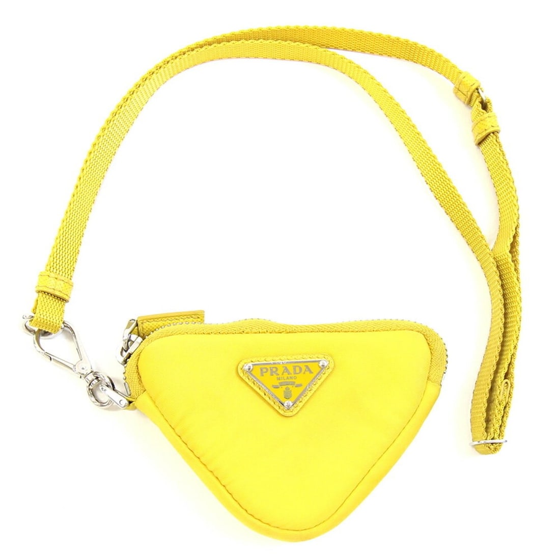 Prada Mini Pouch 2TT140 Yellow Nylon Leather with Strap Wallet/Coin Case Triangle Keyring Women's: --- Catalog ---Category: SizeSize (HxWxD): 7cm x 11cm x 1.5cm / 2.75'' x 4.33'' x 0.59''Strap / Chain Length: 84cm / 33.07''Category: DesignType: Coin purse/coin caseColor: YellowGender: Men,WomenMate