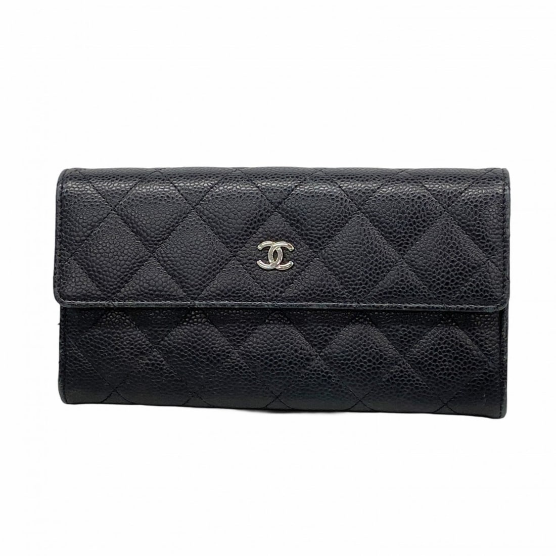 Chanel long wallet, Matelassé caviar leather, black, women's.: --- Catalog ---Category: SizeSize (HxWxD): 10cm x 19.5cm x 3cm / 3.93'' x 7.67'' x 1.18''Category: DesignType: Long wallet (bi-fold)Color: BlackGender: WomenMaterial: Grained Calfskin Category: Genera