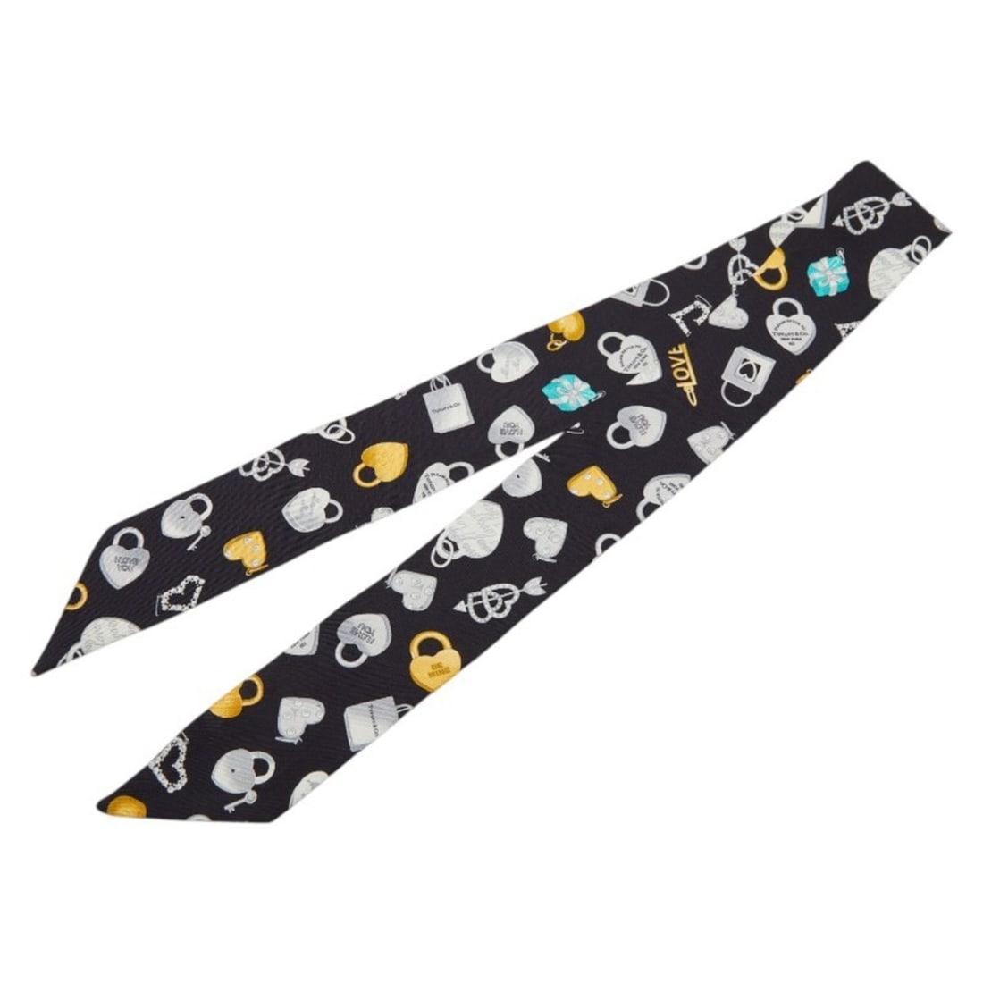Tiffany & Co. all-over print scarf/muffler, black and multicolor silk, for women.: --- Catalog ---Category: SizeSize (LxW): 5cm x 78cm / 1.96'' x 30.7''Category: DesignType: ScarfColor: Black, Multi-colorGender: WomenMaterial: Silk Category: GeneralBrand: Tiffany--- Item List ---Sec