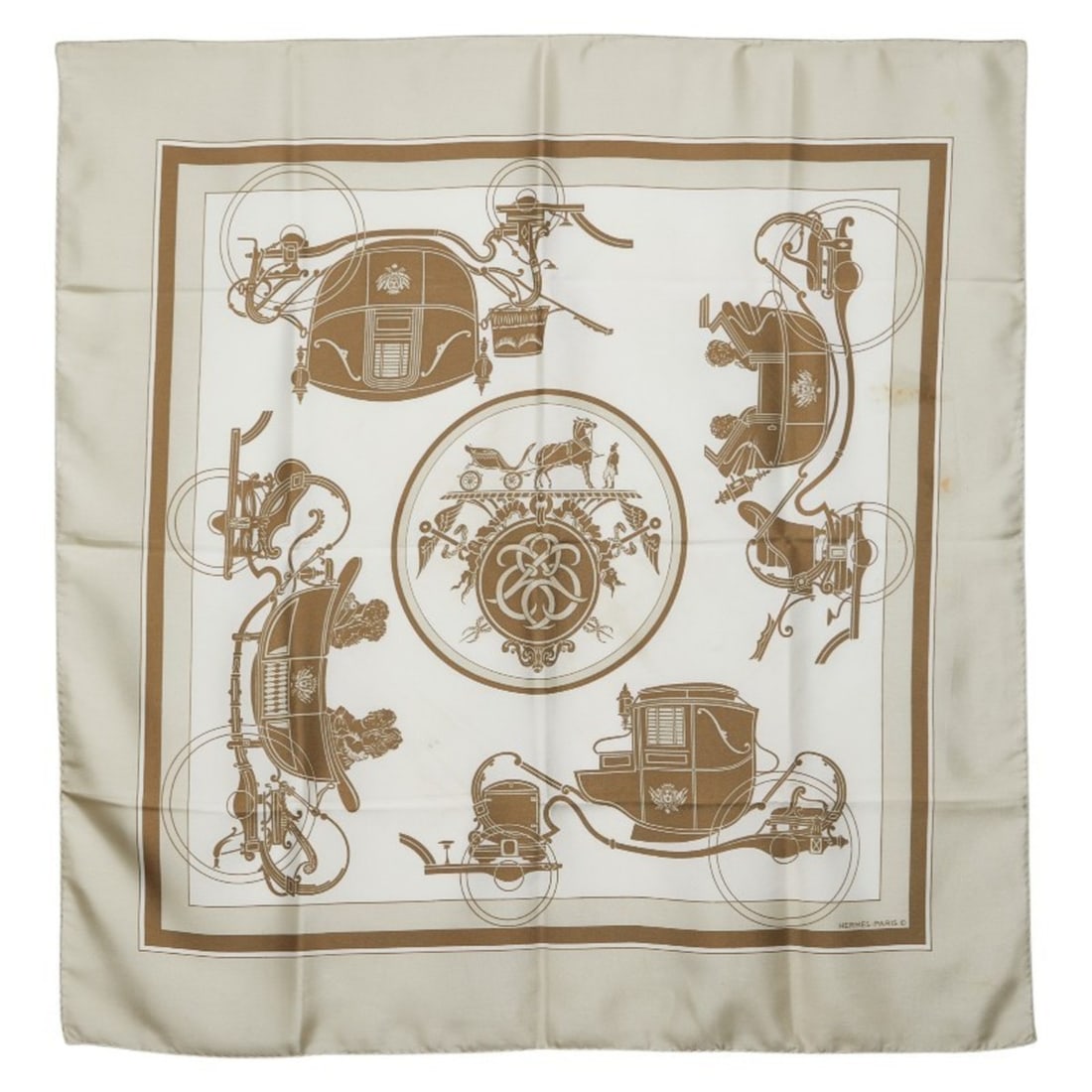 Hermes Ex-Libris scarf/muffler in beige, gray, and white, made of silk, for women.: --- Catalog ---Category: SizeSize (LxW): 88.5cm x 89cm / 34.84'' x 35.03''Category: DesignType: ScarfColor: Beige, Gray, WhiteGender: WomenMaterial: Silk Category: GeneralBrand: Hermes--- Item List --