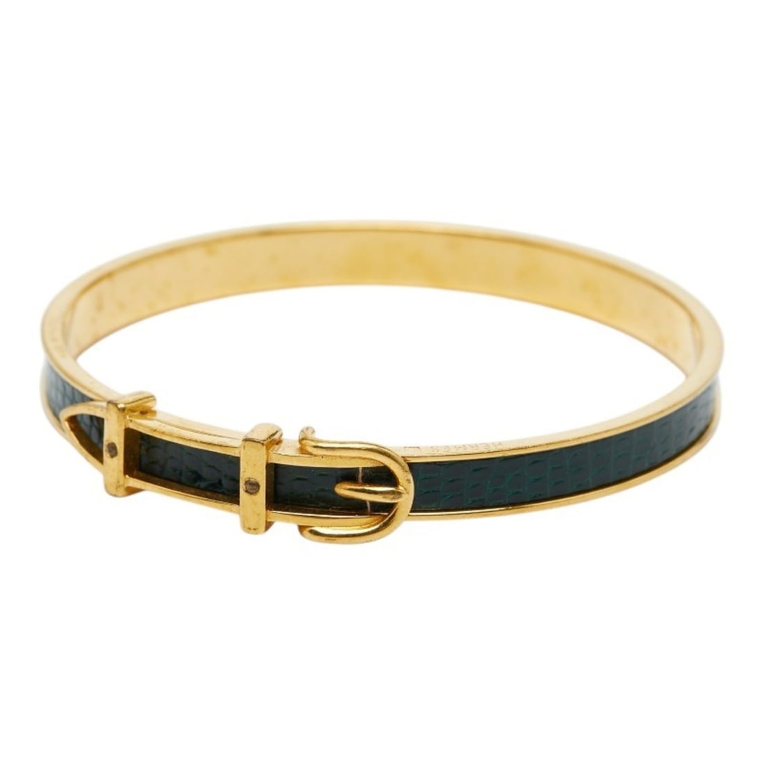 Hermes Belt Motif Bangle, Gold and Green Plated Leather, Women's: --- Catalog ---Category: SizeLength: 19cm / 7.48''Category: DesignType: Standard beltColor: Gold, GreenGender: WomenMaterial (Strap): Leather Category: GeneralBrand: Hermes--- Item List ---Section: Co