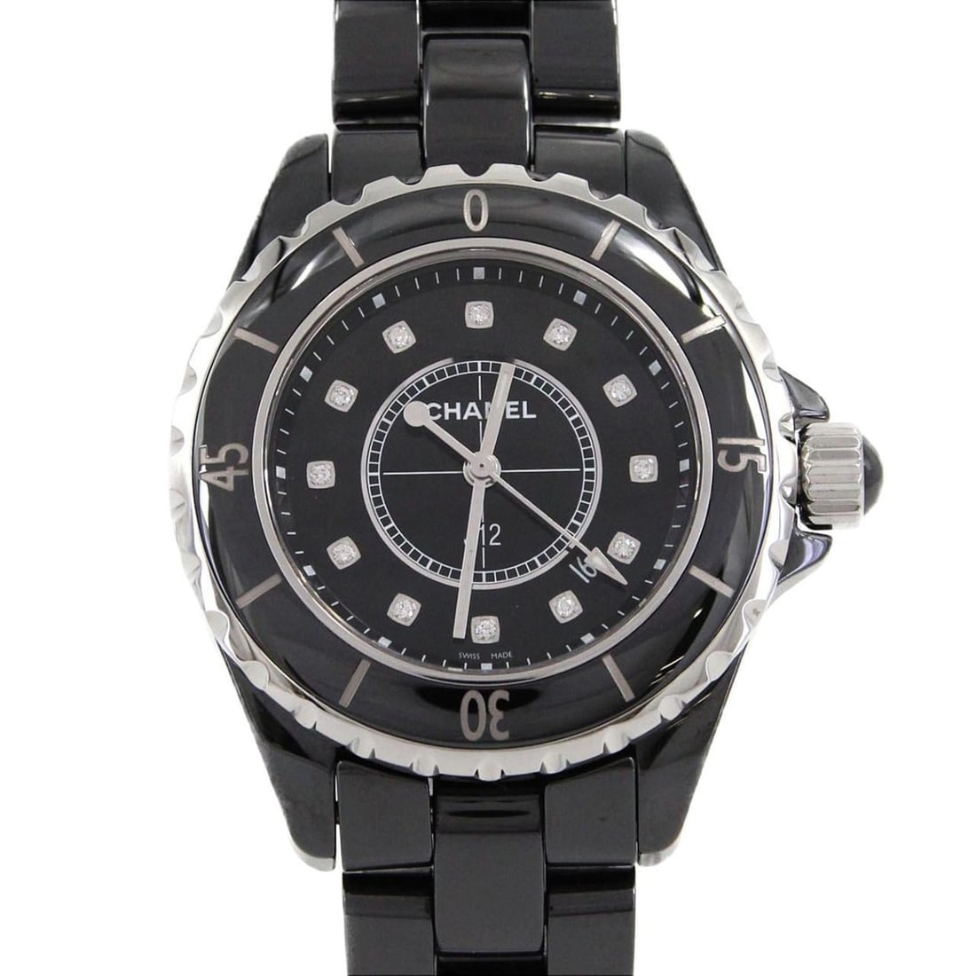 Chanel J12 33mm Ceramic 12P H1625 Quartz Watch: --- Catalog ---Category: SizeWrist Size: 18cm / 7.08''Case Diameter: 33mm / 1.3''Category: DesignType: WristwatchGender: WomenColor (Dial): BlackMaterial (Band): CeramicMaterial (Case): CeramicCategor