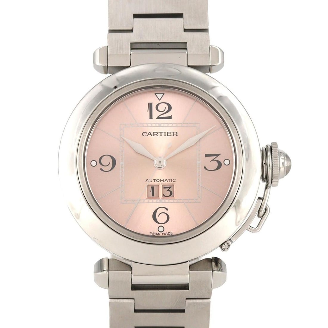 Cartier Pasha C Grande Date W31058M7 Stainless Steel Automatic Watch: --- Catalog ---Category: SizeWrist Size: 18.5cm / 7.28''Case Diameter: 35mm / 1.38''Category: DesignType: WristwatchGender: Men,WomenColor (Dial): PinkMaterial (Band): Stainless steelMaterial (Case):