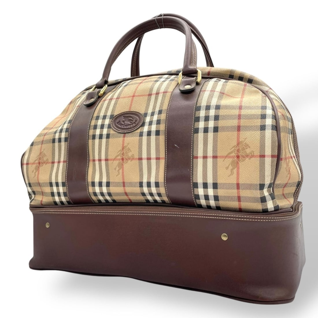 Burberry Nova Check Shadow Horse Boston Bag, Leather, Beige/Brown, Gold Hardware, Men's/Women's X: --- Catalog ---Category: SizeSize (HxWxD): 33cm x 49cm x 26cm / 12.99'' x 19.29'' x 10.23''Category: DesignType: Boston bagColor: Beige, BrownGender: Men,WomenMaterial: PVC , Leather Category: General