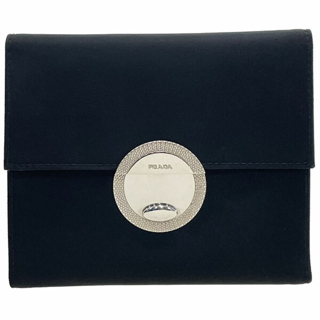 Prada Round Plate Tri-fold Wallet, Nylon, Black, PRADA Compact Wallet NERO HWN-16389: --- Catalog ---Category: SizeSize (HxWxD): 11cm x 13cm x 2cm / 4.33'' x 5.11'' x 0.78''Category: DesignType: Wallet (tri-fold)Color: Black, NeroGender: Women,MenClosure: Push lockMaterial: Nylon , Lea