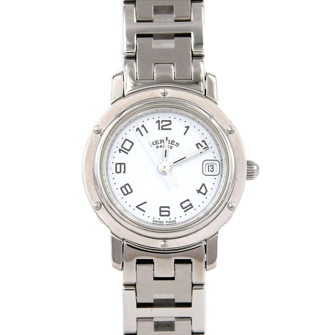 Hermes Clipper CL4.210 SS Quartz Watch: --- Catalog ---Category: SizeWrist Size: 16.5cm / 6.49''Case Diameter: 24mm / 0.94''Category: DesignType: WristwatchGender: WomenColor (Dial): WhiteMaterial (Band): Stainless steelMaterial (Case): Sta