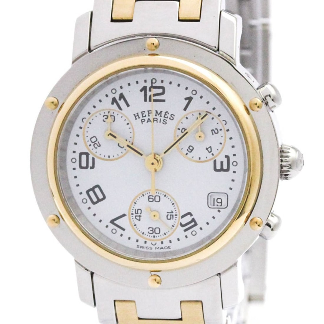 HERMES Clipper Chronograph Gold Plated Steel Ladies Watch CL1.320: --- Catalog ---Category: SizeCase Diameter: 31mm / 1.22''Category: DesignType: WristwatchStyle: SportGender: WomenColor (Dial): WhiteMaterial (Band): Gold plated, Stainless steelMaterial (Case): Gold