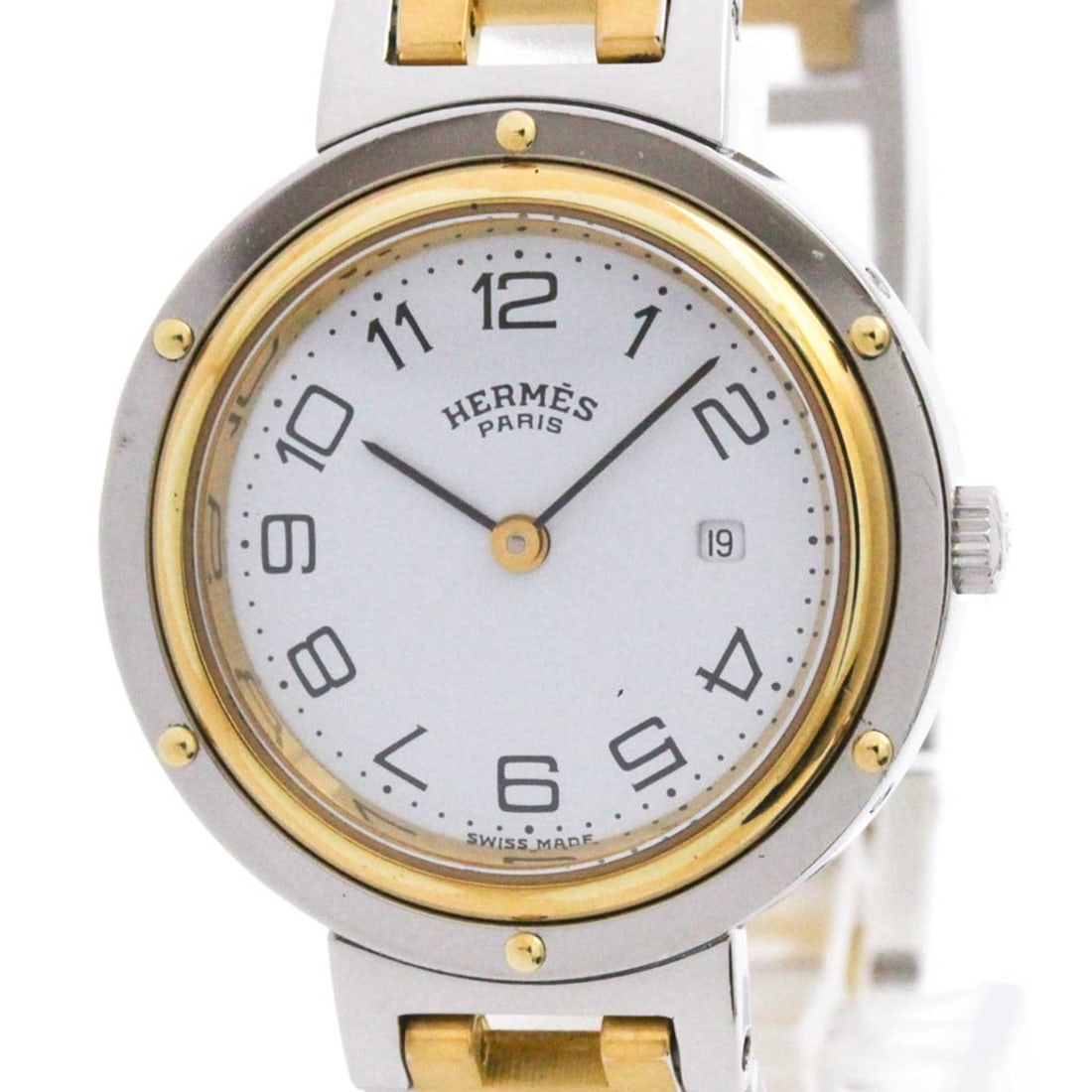 HERMES Clipper Gold Pllated Steel Quartz Mens Watch Polished: --- Catalog ---Category: SizeCase Diameter: 30mm / 1.18''Category: DesignType: WristwatchStyle: Dress/FormalGender: MenColor (Dial): WhiteMaterial (Band): Gold plated, Stainless steelMaterial (Case):
