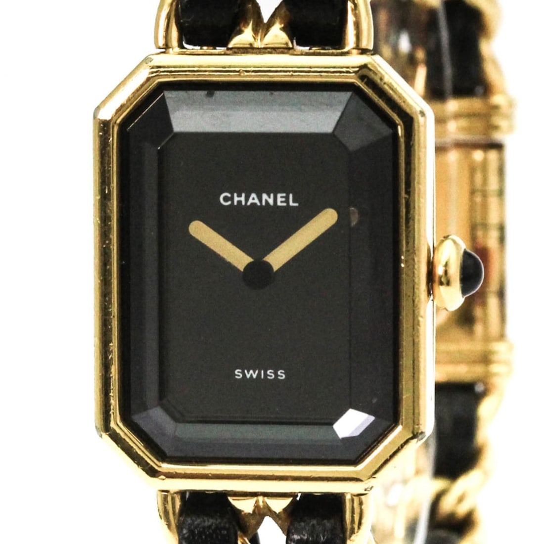 CHANEL Premiere Size M Gold Plated Quartz Ladies Watch H0001: --- Catalog ---Category: SizeCase Diameter: 20mm / 0.79''Category: DesignType: WristwatchStyle: Dress/FormalGender: WomenColor (Dial): BlackMaterial (Band): Gold plated, LeatherMaterial (Case): Gold p
