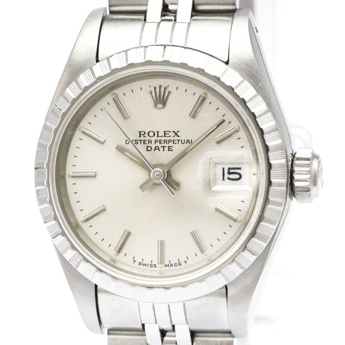 ROLEX Oyster Perpetual Date 69240 18K White Gold Steel Automatic Watch Polished: --- Catalog ---Category: SizeCase Diameter: 26mm / 1.02''Category: DesignType: WristwatchStyle: Dress/FormalGender: WomenColor (Dial): SilverMaterial (Band): Stainless steelMaterial (Case): Stainless