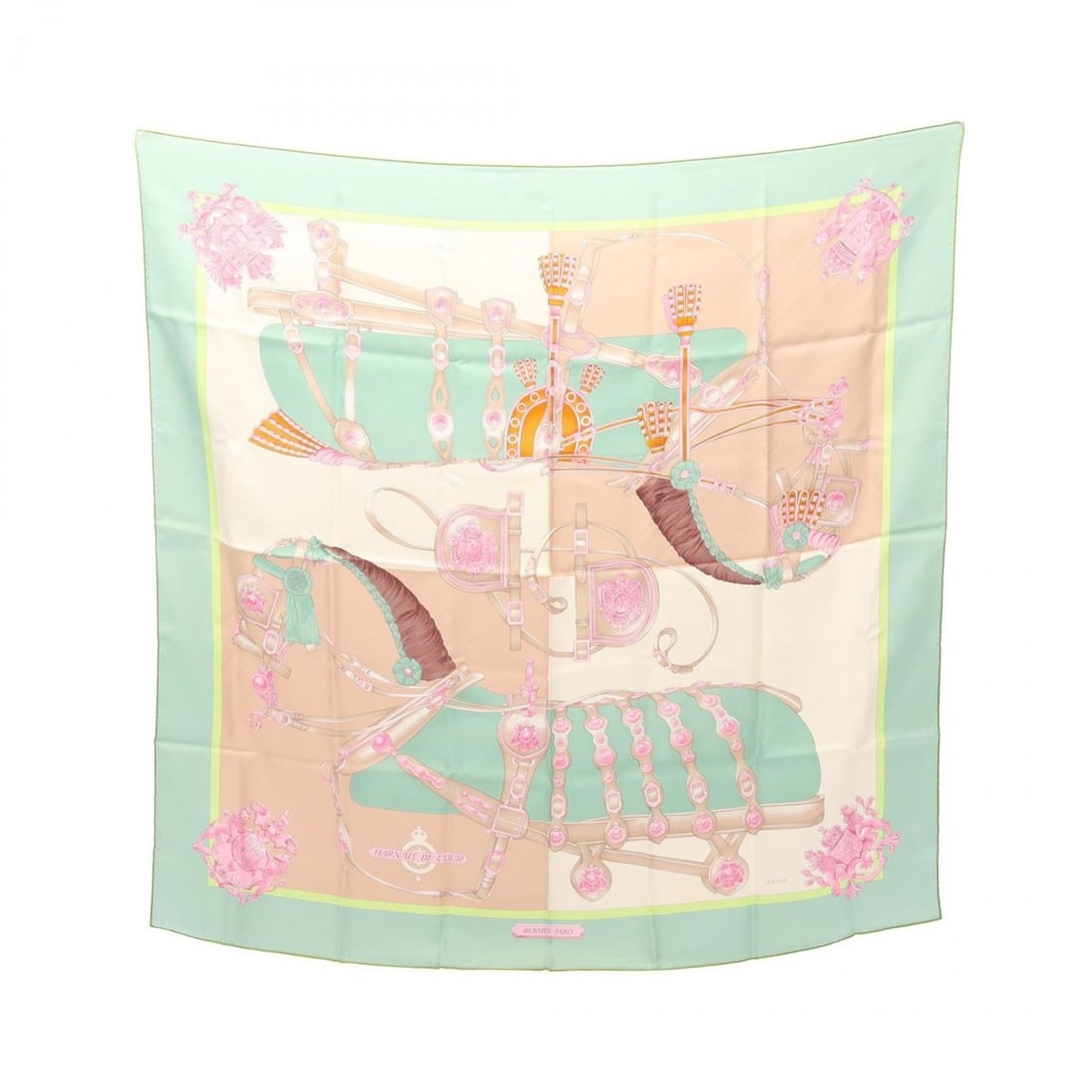 Hermes Carre 90 HARNAIS DE COUR Scarf, Silk, Women's, Green/Multicolor: --- Catalog ---Category: SizeSize (LxW): 89cm x 89cm / 35.03'' x 35.03''Category: DesignType: ScarfColor: Green, Multi-colorGender: WomenMaterial: Silk Category: GeneralBrand: Hermes--- Item List ---S