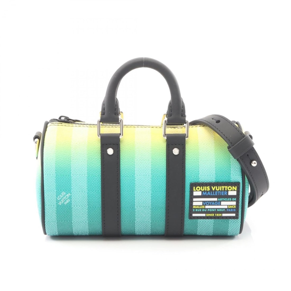 Louis Vuitton Keepall XS Handbag, Coated Canvas and Leather, Damier Stripe Pattern, Women's, Green,: --- Catalog ---Category: SizeSize (HxWxD): 12cm x 21cm x 8.5cm / 4.72'' x 8.26'' x 3.34''Category: DesignType: HandbagColor: Black, Green, YellowGender: WomenMaterial: Coated canvas , Leather Category