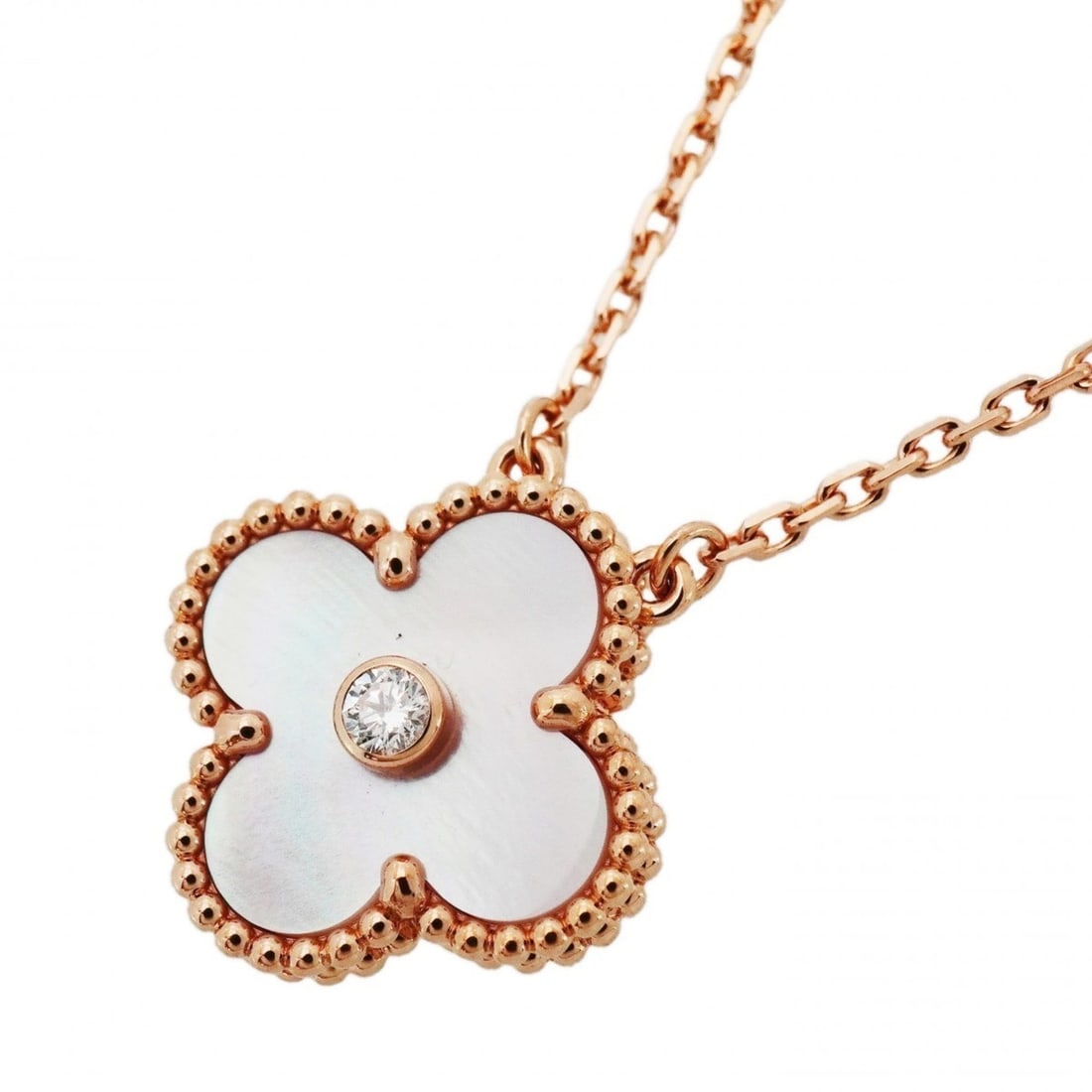 Van Cleef & Arpels Alhambra Necklace, 2025 Limited Edition, 1PD (One Diamond) in 18K Pink Gold with: --- Catalog ---Category: SizePendant Size: 15.3mm x 15mm / 0.6'' x 0.59''Neck Circumference: 37.5 cm - 42 cm / 14.76'' - 16.53''Category: DesignStone: DiamondGender: WomenMaterial: Mother of pearl, Pi