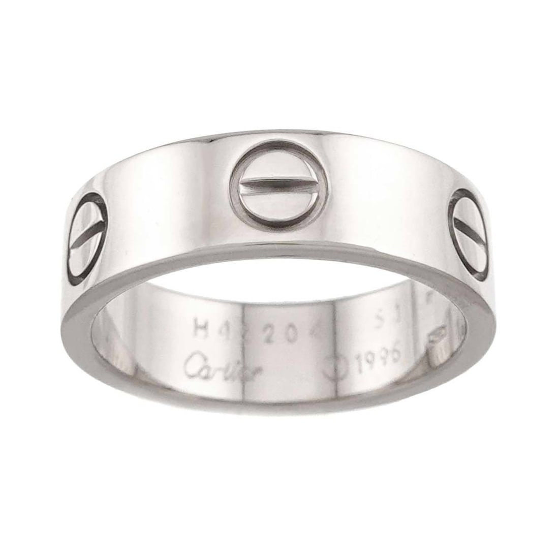 Cartier Love Classic #51 Ring, 18K WG (White Gold 750): --- Catalog ---Category: SizeUS Size: 6Brand Size: 51Category: DesignType: Band ringGender: WomenMaterial: White gold (18K)Category: GeneralBrand: Cartier--- Item List ---Section: ConditionRanking: Ra
