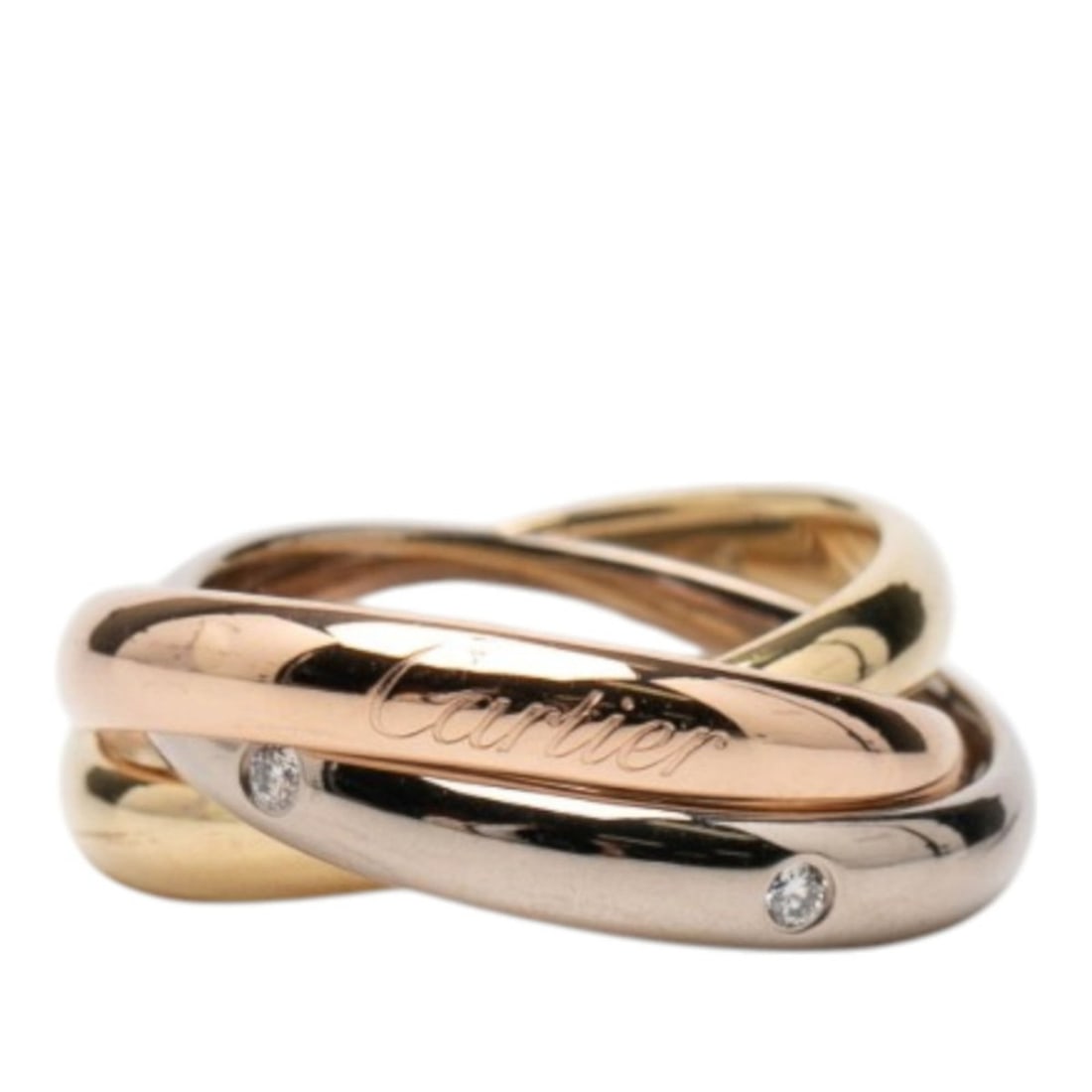Cartier Trinity Ring with 5 Diamonds, Size 47, Au750 Engraved, Available in Gold, Silver, 18K Yellow: --- Catalog ---Category: SizeJP Size: 7US Size: 4Category: DesignType: Band ringColor: Pink gold, White gold, Yellow goldStone: DiamondGender: WomenMaterial: Pink gold (18K), White gold (18K), Yellow