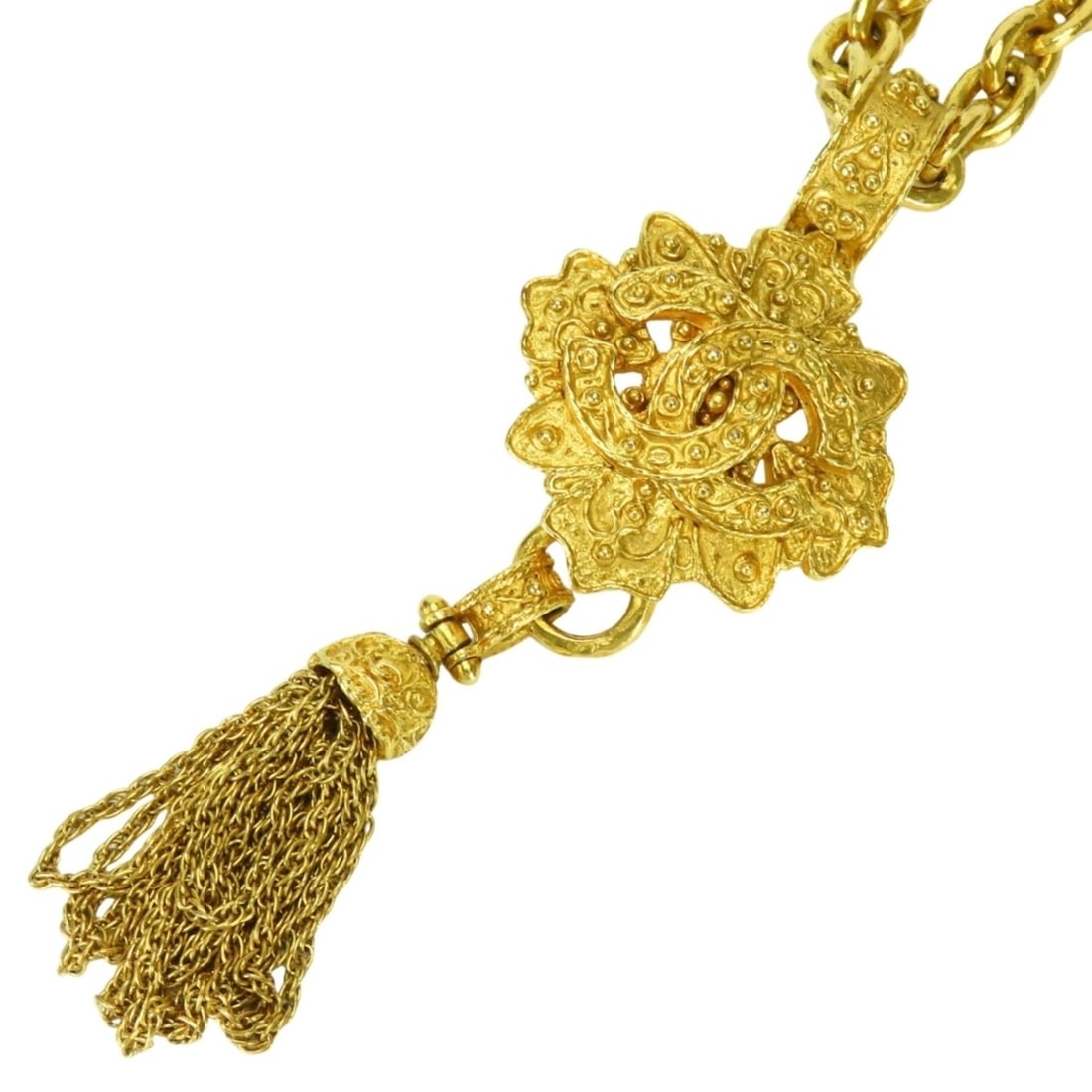 Chanel Necklace, Coco Mark, Fringe, Metal, Gold Plated, Long, Women's CHANEL: --- Catalog ---Category: SizePendant Size: 120mm x 42mm / 4.72'' x 1.65''Neck Circumference: 72 cm / 28.34''Category: DesignColor: GoldGender: WomenMaterial: MetalNecklace Type: NecklaceCategory: Gene