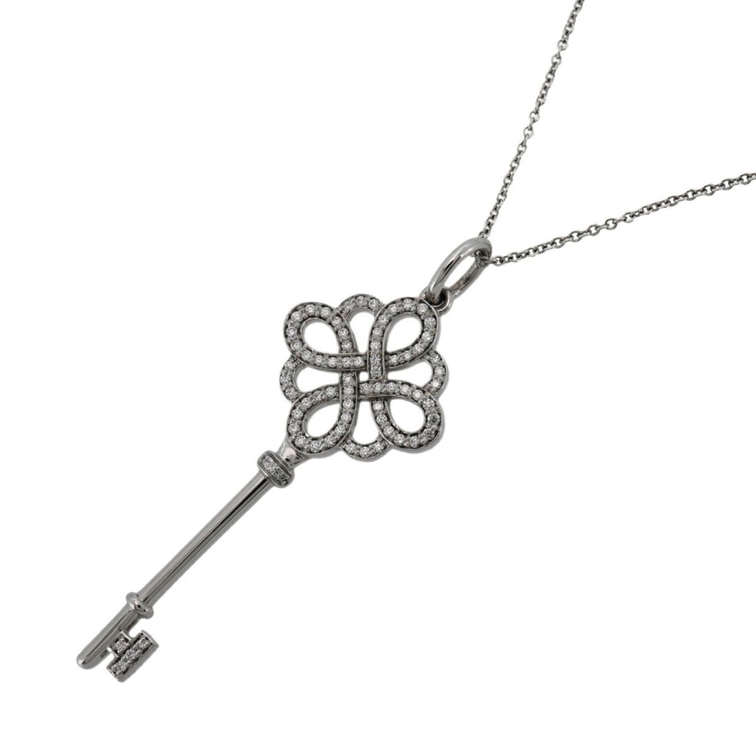 Tiffany & Co. Knot Key Necklace, 18K White Gold, Diamond, Women's: --- Catalog ---Category: SizePendant Size: 47.8mm x 16.6mm / 1.88'' x 0.65''Neck Circumference: 61 cm / 24.01''Category: DesignStone: DiamondGender: WomenMaterial: White gold (18K)Necklace Type: Neckl