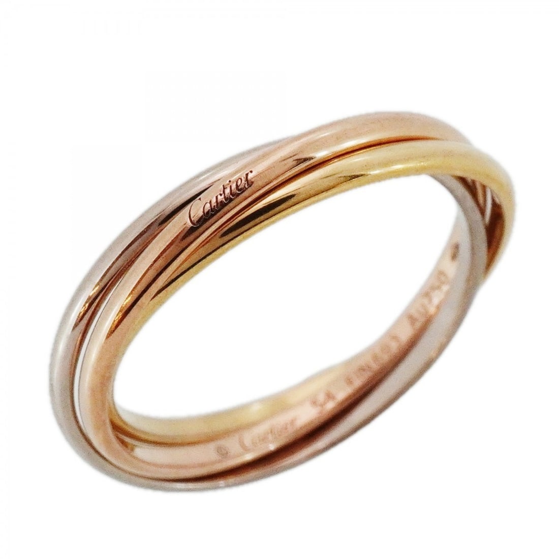 Cartier Trinity Ring XS 18K Yellow Gold (KYG), White (18KWG), Pink (18KPG) Size #54 (Women's): --- Catalog ---Category: SizeUS Size: 7Brand Size: 54Category: DesignType: Band ringGender: WomenMaterial: Pink gold (18K), White gold (18K), Yellow gold (18K)Category: GeneralBrand: Cartier--- Item L